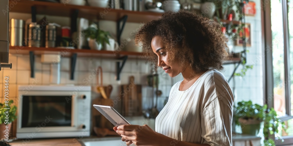 An African housewife stands in her kitchen, reading a recipe on a tablet, embodying modern, connected living. An African housewife stands in her kitchen, reading a recipe on a tablet, embodying modern, connected living.