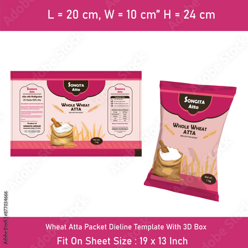 Wheat Atta Packet Dieline Template With 3D Box