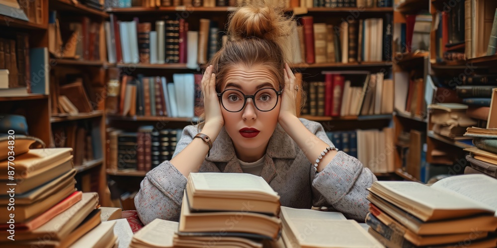 In a university library, a tired Caucasian librarian woman prepares for exams amidst stacks of books. In a university library, a tired Caucasian librarian woman prepares for exams amidst stacks of books.