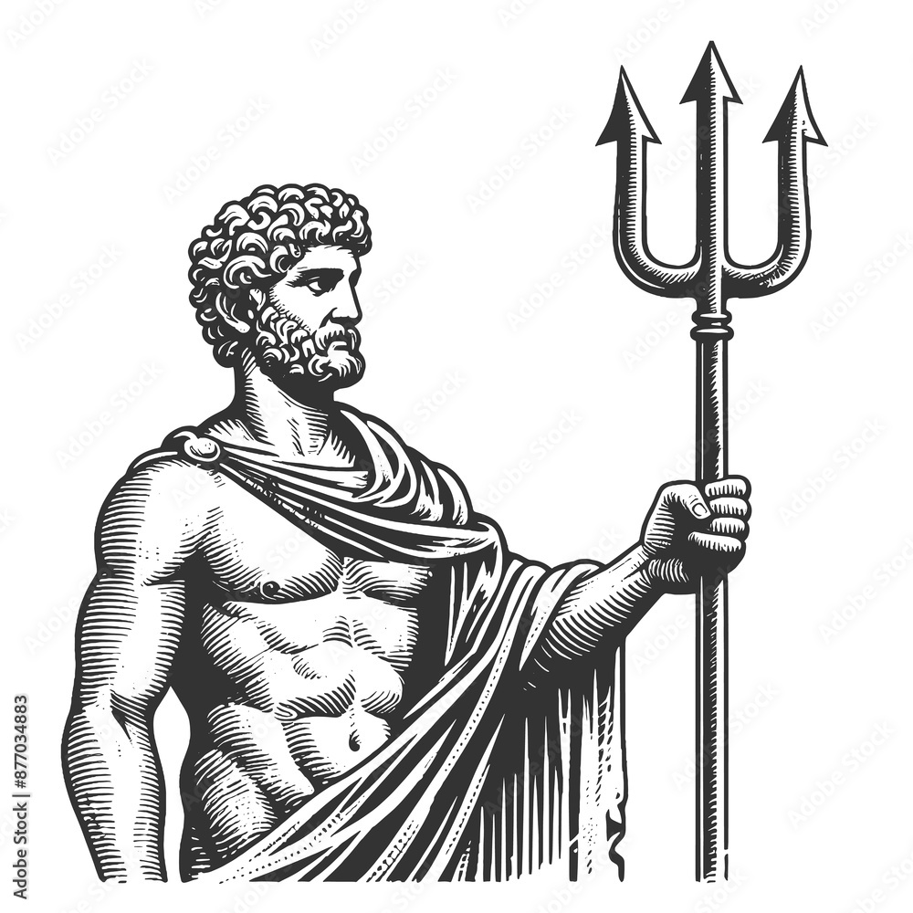 Obraz premium Poseidon holding a trident, standing in the ocean with a powerful stance sketch engraving generative ai fictional character raster illustration. Scratch board imitation. Black and white image.