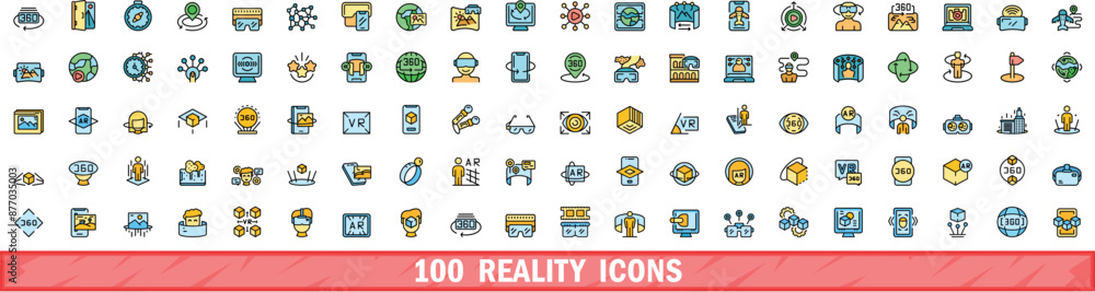 Obraz premium 100 reality icons set. Color line set of reality vector icons thin line color flat on white