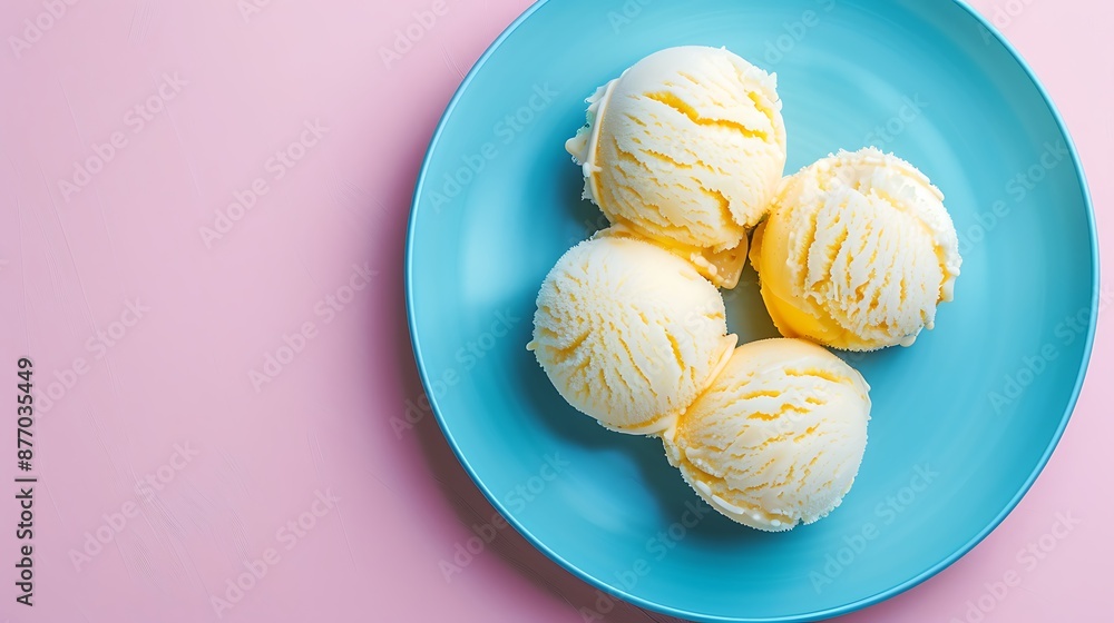 Fried white ice cream on blue plate isolated on pink and blue background Fried white ice cream on blue plate isolated on pink and blue background