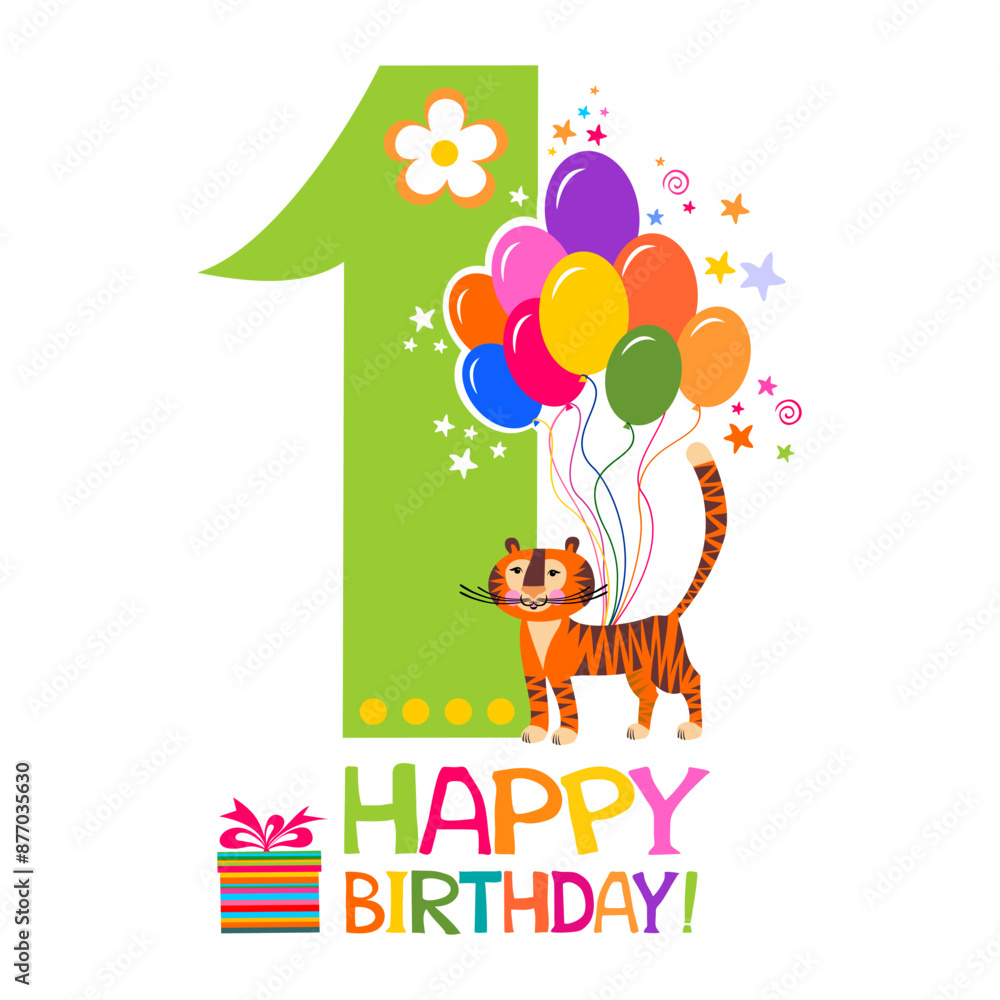 Happy First Birthday. Celebration white background with number one, balloon, gift boxes and place for your text. Greeting, invitation card or flyer. Vector Illustration Happy First Birthday. Celebration white background with number one, balloon, gift boxes and place for your text. Greeting, invitation card or flyer. Vector Illustration