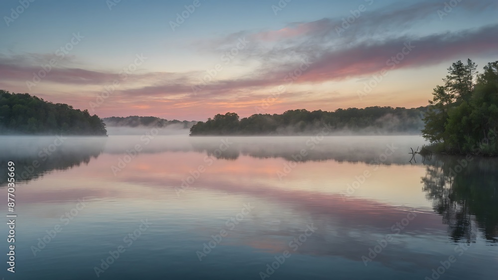 A serene lake at sunrise with mist rising off the water and the sky painted in pastel colors
A serene lake at sunrise with mist rising off the water and the sky painted in pastel colors