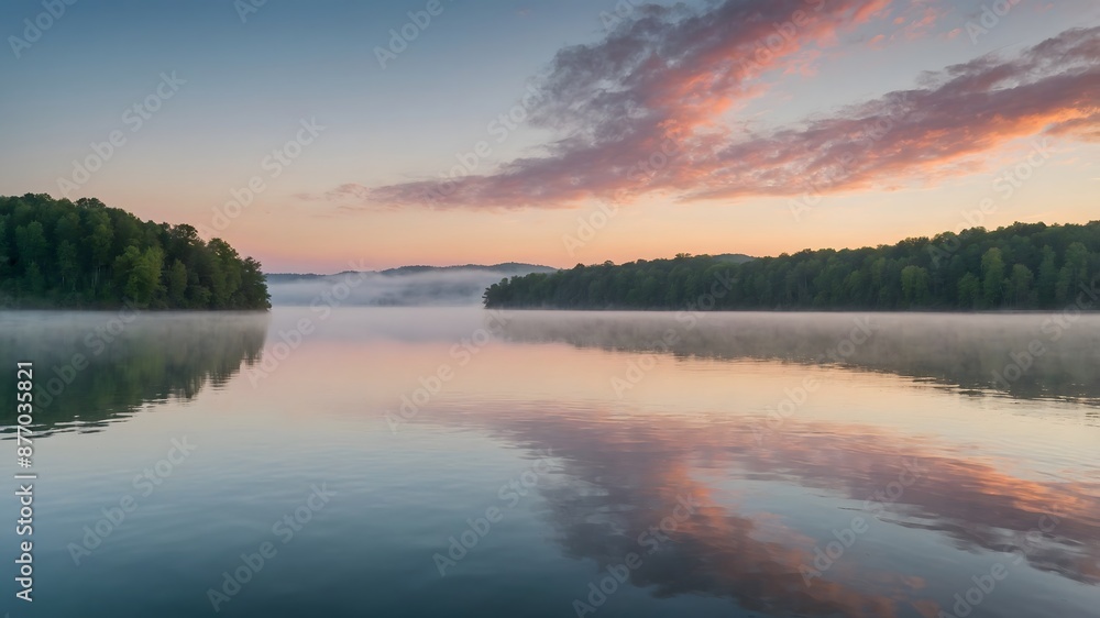 A serene lake at sunrise with mist rising off the water and the sky painted in pastel colors A serene lake at sunrise with mist rising off the water and the sky painted in pastel colors