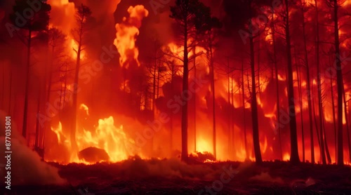 a forest on fire, trees burning in the background with smoke and flames coming out of them photo