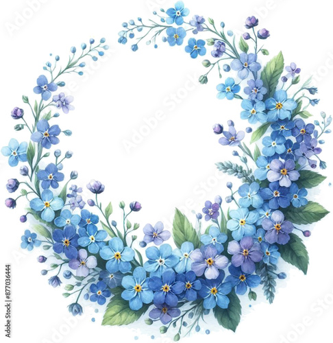 A round floral wreath with forget-me-not flowers in watercolor technique on a white background.