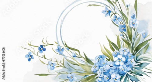 A round floral wreath with forget-me-not flowers in watercolor technique on a white background.