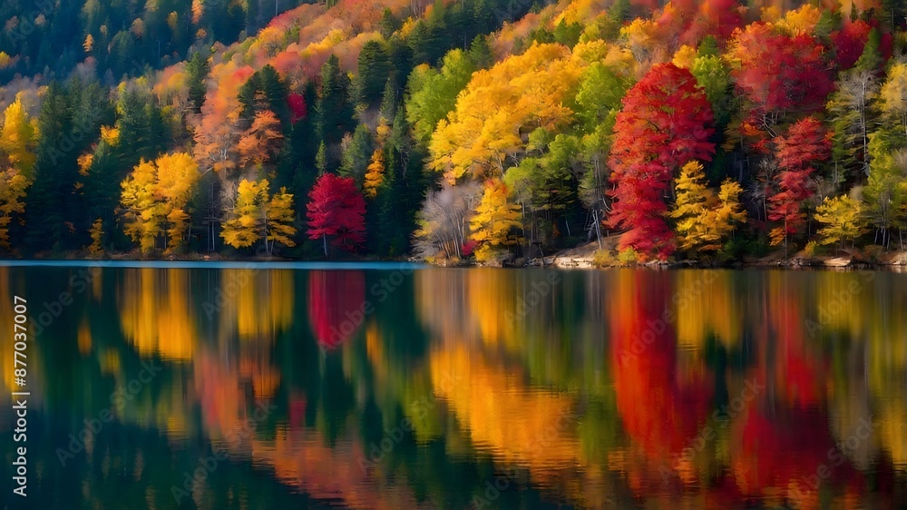 Fototapeta premium A picturesque lake surrounded by autumn foliage with vibrant reds, oranges, and yellows 