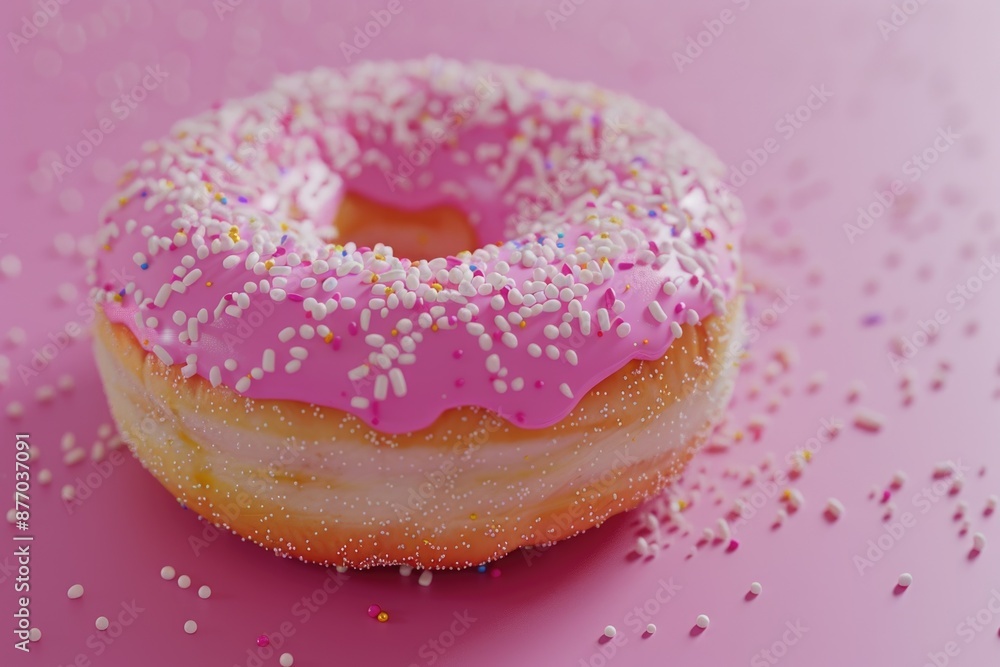 A delicious-looking donut with pink frosting and sprinkles on a matching pink background A delicious-looking donut with pink frosting and sprinkles on a matching pink background
