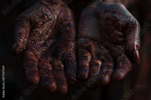 Intricate henna patterns adorn hands, capturing the festive essence of Diwali in India. Delicate designs shimmer with golden hues, evoking joy and celebration. © Jennie Pavl