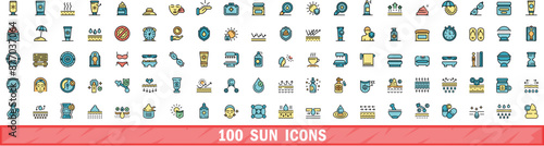 100 sun icons set. Color line set of sun vector icons thin line color flat on white