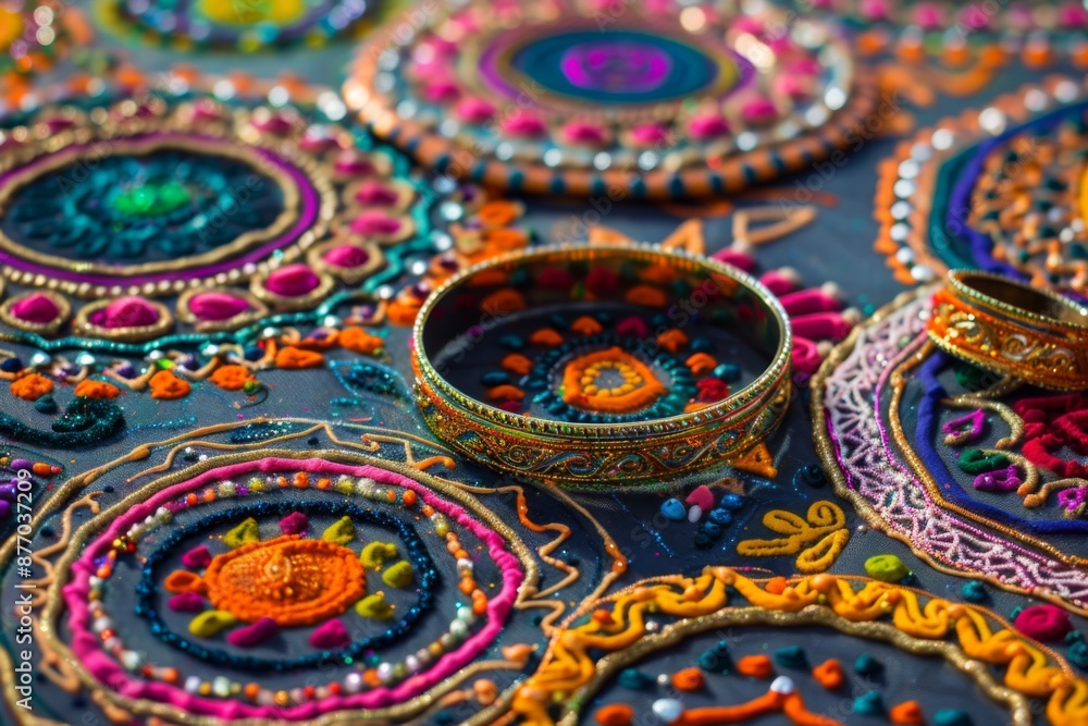 A macro image of intricately designed Rangoli patterns and bangles, representing the joy of Navratri celebrations in India. A macro image of intricately designed Rangoli patterns and bangles, representing the joy of Navratri celebrations in India.
