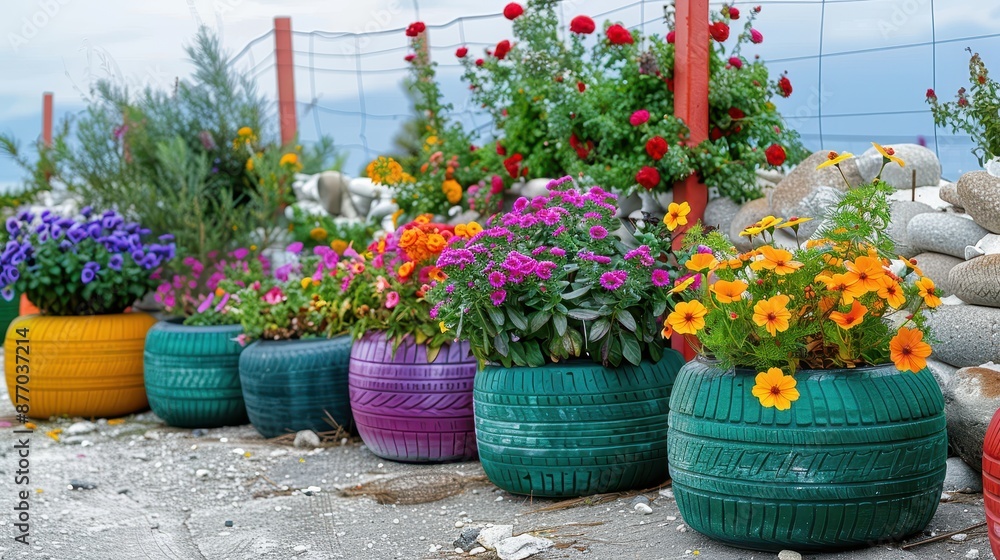 custom made wallpaper toronto digitalA variety of vibrant, colorful flowers carefully planted in painted, repurposed tires, arranged creatively in an outdoor setting, showcasing eco-friendly gardening and artistry.