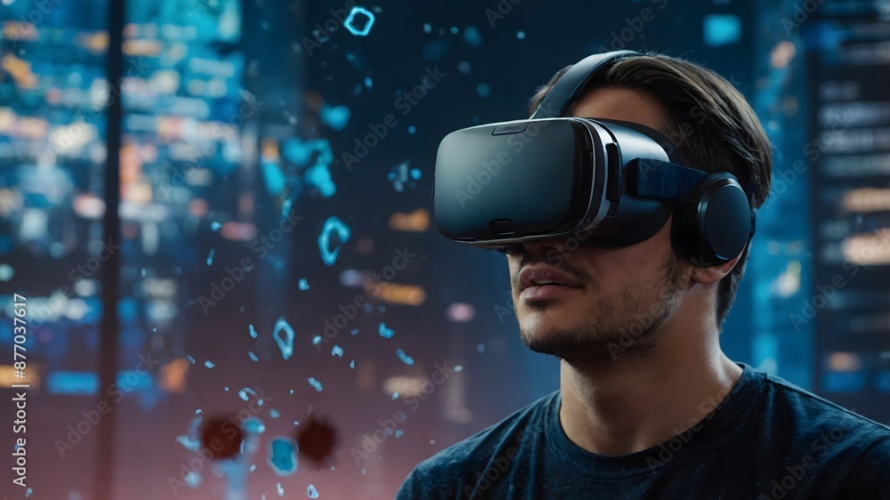 A person using virtual reality goggles, immersed in a digital world A person using virtual reality goggles, immersed in a digital world