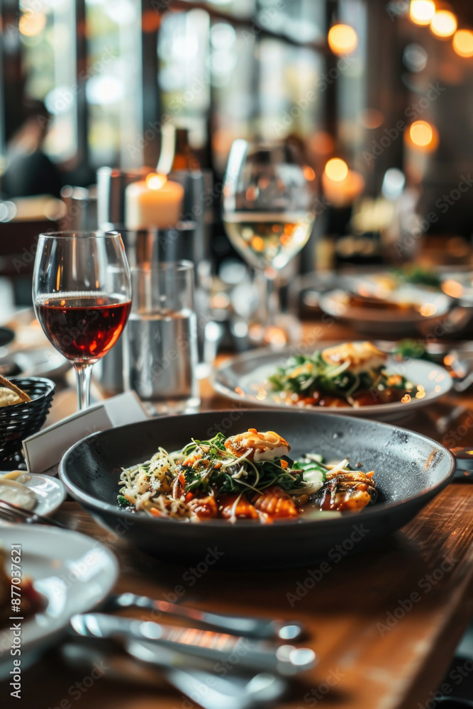 A wooden table set with plates of food, glasses of wine, and other dinnerware A wooden table set with plates of food, glasses of wine, and other dinnerware