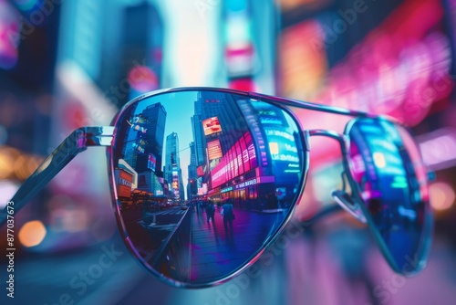 A pair of mirrored sunglasses reflecting a vibrant cityscape, capturing the bustling energy of a metropolitan area.  © Jennie Pavl