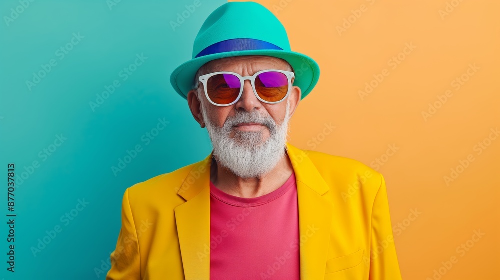 A man in a yellow jacket and sunglasses is posing for a photo. He has a green hat on and is smiling A man in a yellow jacket and sunglasses is posing for a photo. He has a green hat on and is smiling