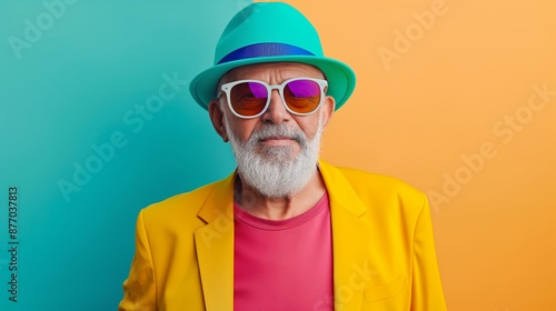 A man in a yellow jacket and sunglasses is posing for a photo. He has a green hat on and is smiling