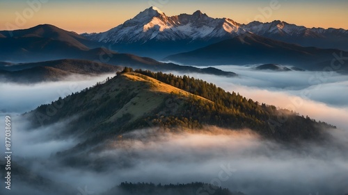 a misty mountain in the early morning with the first