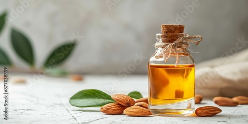 A bottle of almond oil sits on a table next to some almonds. The bottle is clear and the almonds are scattered around it. Concept of calm and relaxation, as the almonds