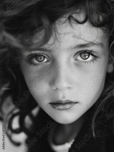 A black and white portrait of a youthful girl