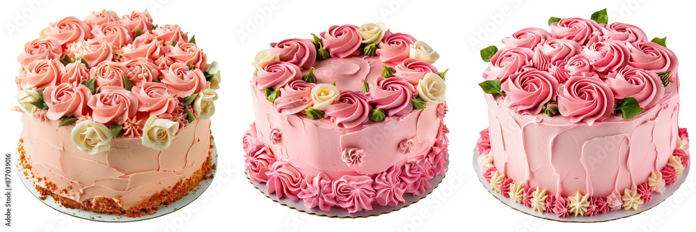Set of A birthday cake featuring pink frosting and delicate cream roses isolated on transparent background Set of A birthday cake featuring pink frosting and delicate cream roses isolated on transparent background