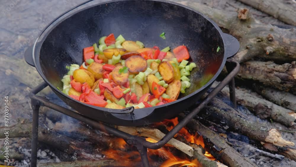 Frying vegetables in a cauldron. Vegetables are fried in a cauldron over a fire. Stewing vegetables on the fire Frying vegetables in a cauldron. Vegetables are fried in a cauldron over a fire. Stewing vegetables on the fire