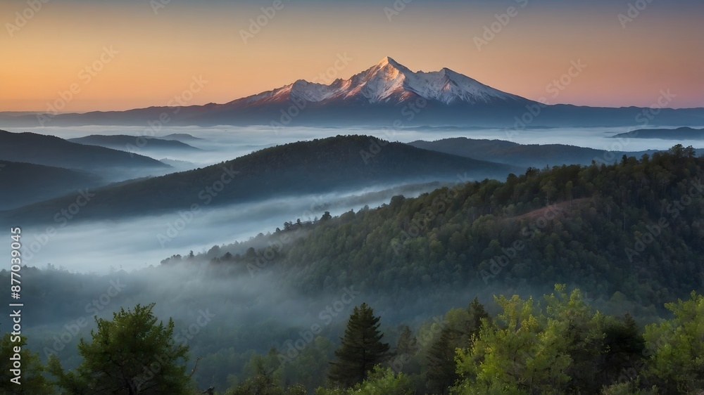 a misty mountain in the early morning with the first a misty mountain in the early morning with the first