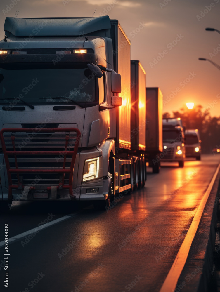 A group of trucks drive along the highway during sunset, with the sky turning orange and pink A group of trucks drive along the highway during sunset, with the sky turning orange and pink
