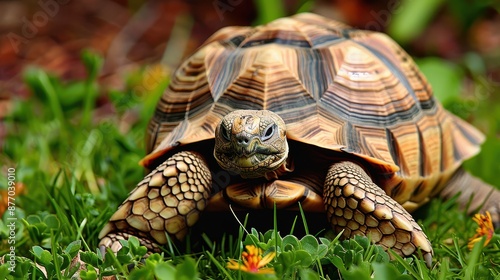 Direct front-facing shot of a tortoise amidst garden plants and flowers, capturing the inquisitive nature and peaceful existence of this calm creature in a lush environment. photo