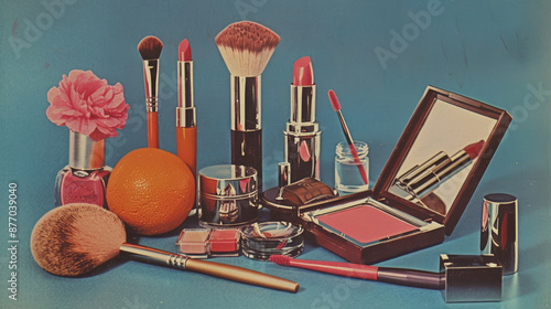 vintage photo cutouts, 1970s makeup products, example blush, lipstick, brushes on the table