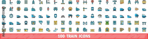 100 train icons set. Color line set of train vector icons thin line color flat on white