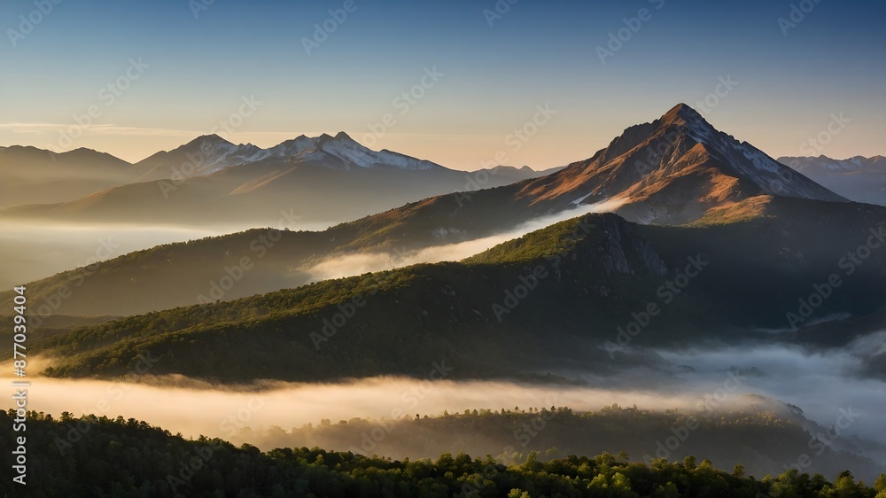 Naklejka premium a misty mountain in the early morning with the first