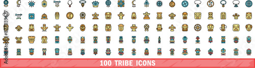 100 tribe icons set. Color line set of tribe vector icons thin line color flat on white