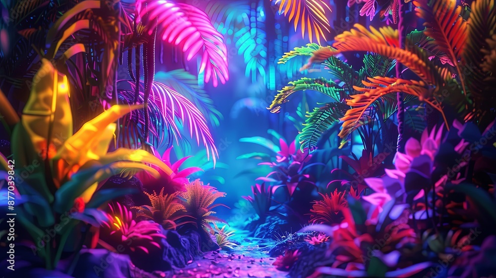 A colorful jungle scene with a path through it A colorful jungle scene with a path through it