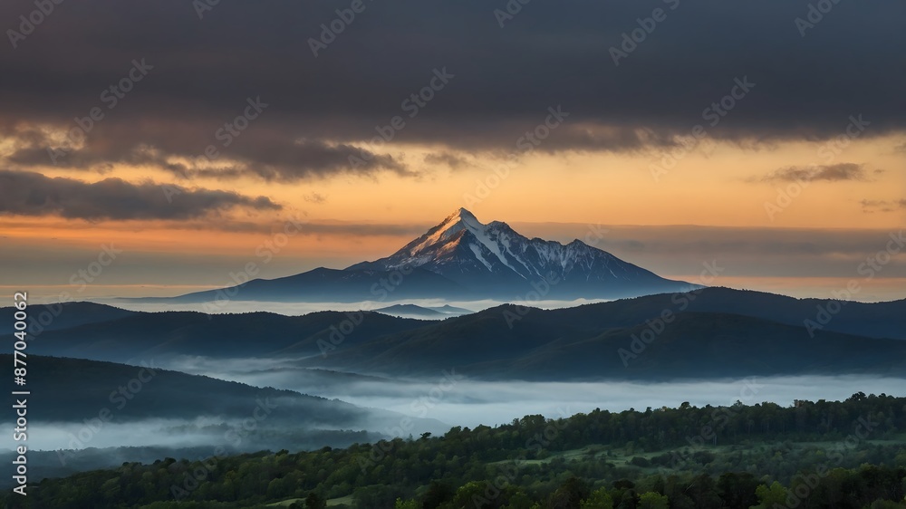 a misty mountain in the early morning with the first a misty mountain in the early morning with the first