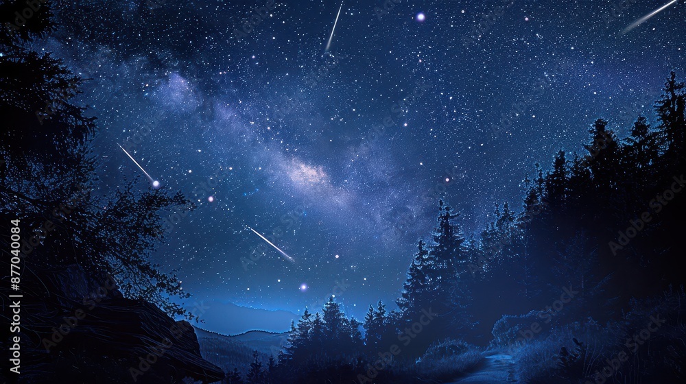 A mesmerizing night scene with the Milky Way and multiple shooting stars illuminating the sky above a dark forest, with a narrow path cutting through the serene, silhouettes of trees. A mesmerizing night scene with the Milky Way and multiple shooting stars illuminating the sky above a dark forest, with a narrow path cutting through the serene, silhouettes of trees.