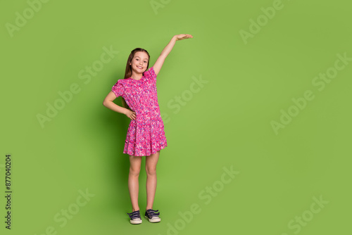 Full body portrait of lovely schoolgirl measure empty space wear pink dress isolated on green color background