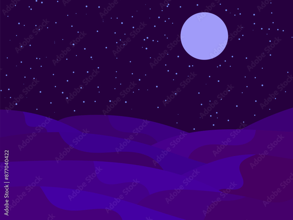 Night landscape with starry sky and moon, wavy desert landscape. Night view of the desert with stars in the sky. Design for banner, poster and cover printing. Vector illustration Night landscape with starry sky and moon, wavy desert landscape. Night view of the desert with stars in the sky. Design for banner, poster and cover printing. Vector illustration