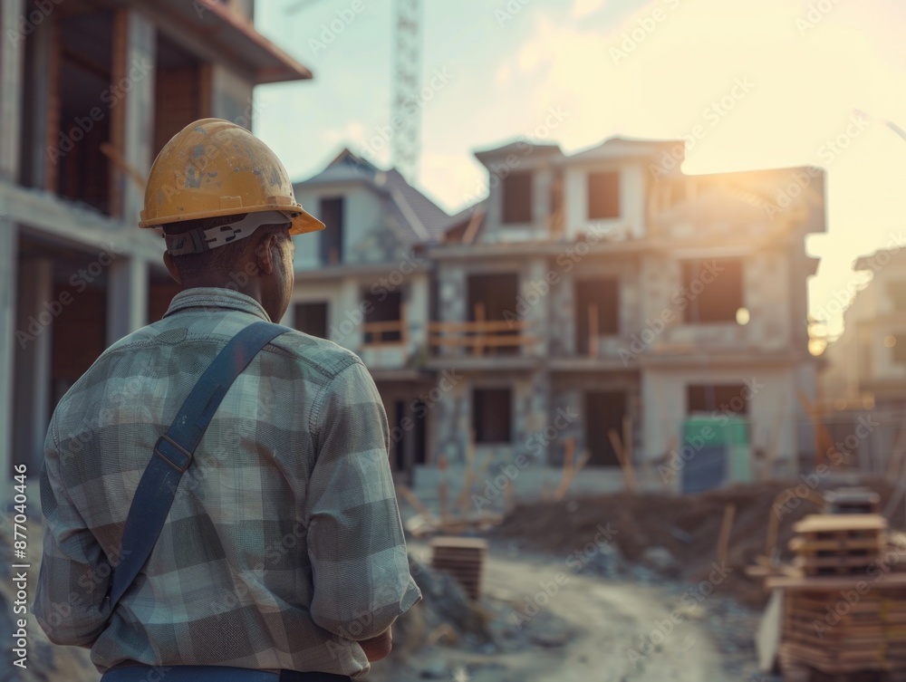 A worker in a hard hat stands in front of a construction site, ready to start work A worker in a hard hat stands in front of a construction site, ready to start work
