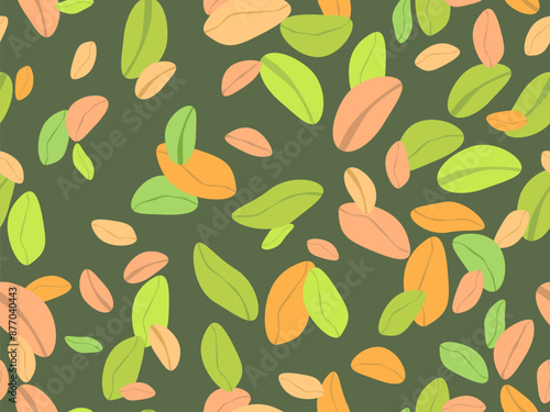 Pistachios seamless pattern. Background with green nuts, pistachios and peanuts in a minimalist style. Design for wrappers, covers, wallpapers and banners. Vector illustration