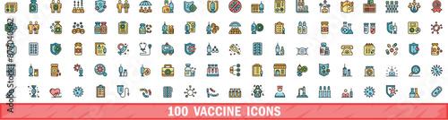 100 vaccine icons set. Color line set of vaccine vector icons thin line color flat on white