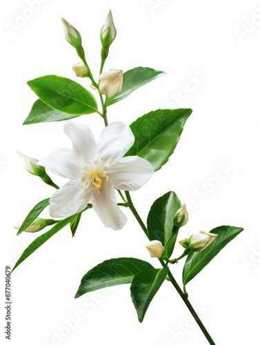 A beautiful white flower sits atop a stem surrounded by lush green leaves