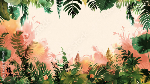 Watercolor paint tropical foliage border with lush green leaves creating a natural frame on a light background with empty space for text photo