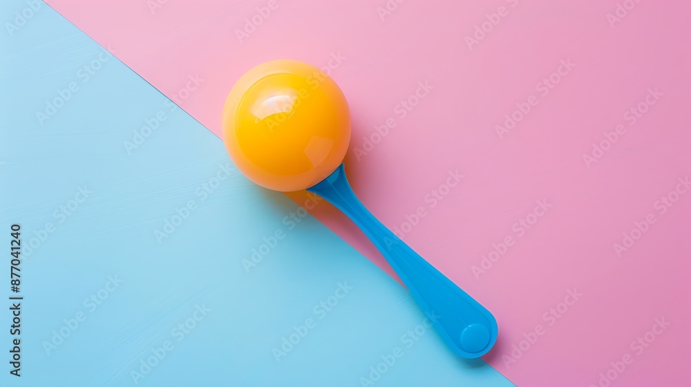 Plastic toy rattle in bright yellow color with a blue handle isolated on pink and blue background