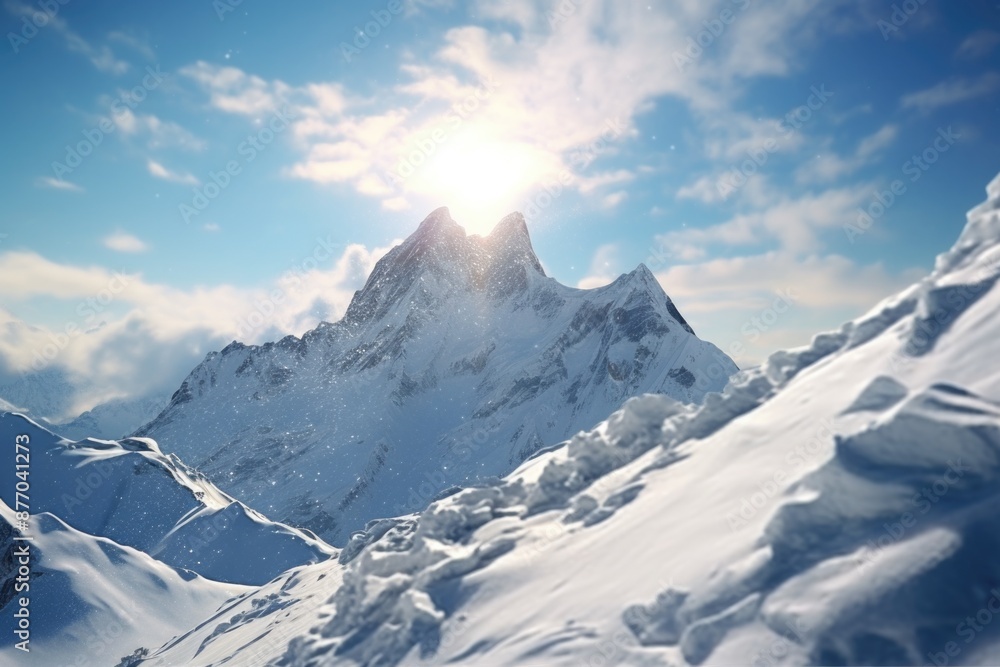 Obraz premium A serene snowy mountain landscape with a bright sunny background