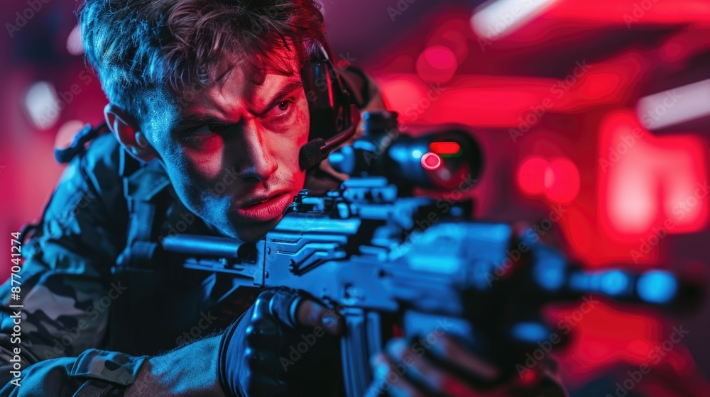 Fototapeta premium A person holding a firearm in an dimly lit space, suitable for crime or thriller scenes