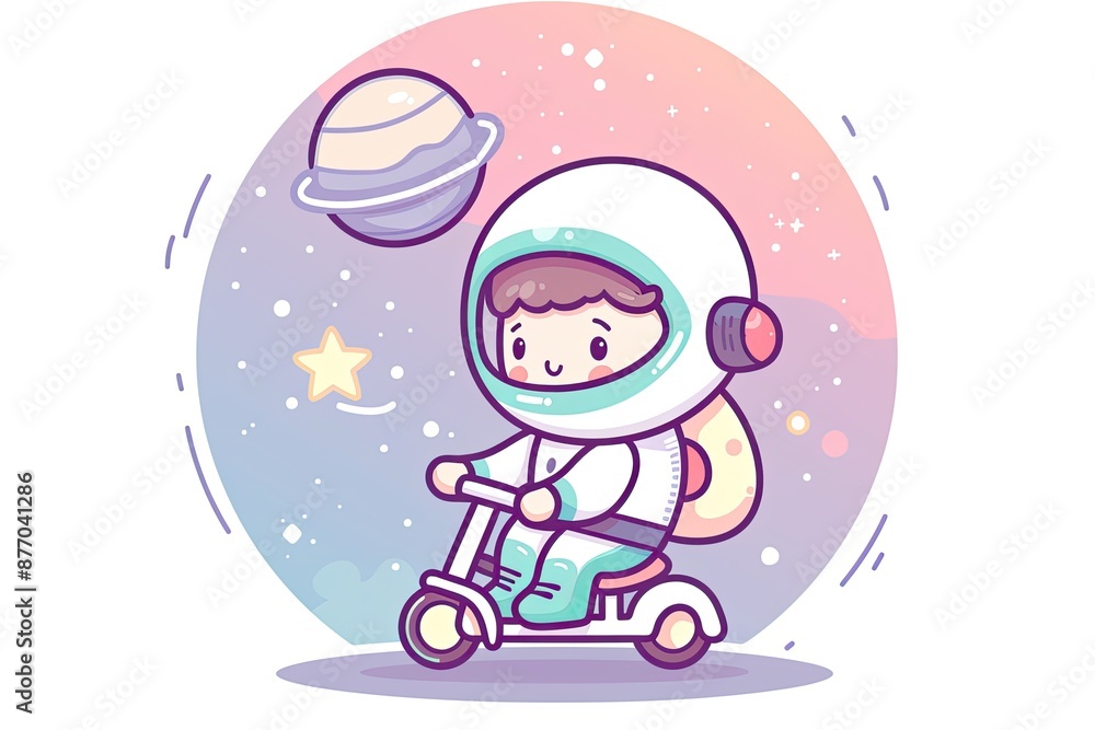 Cute astronaut child riding a scooter in space with planets and stars in the background. Adorable cosmic adventure illustration. Cute astronaut child riding a scooter in space with planets and stars in the background. Adorable cosmic adventure illustration.