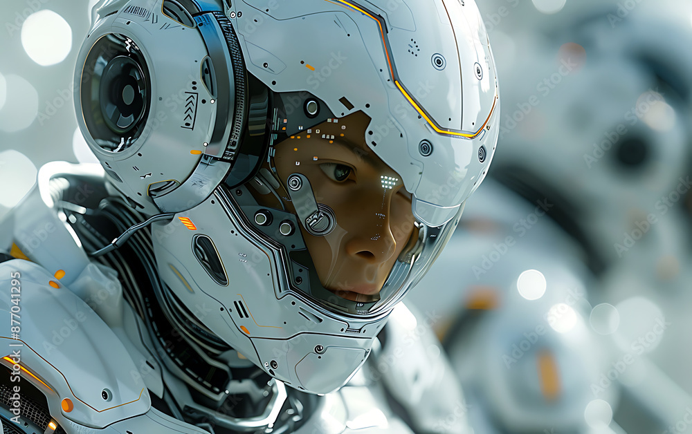 Fototapeta premium Realistic Android Portrait in Virtual Grid Space with Metallic Details